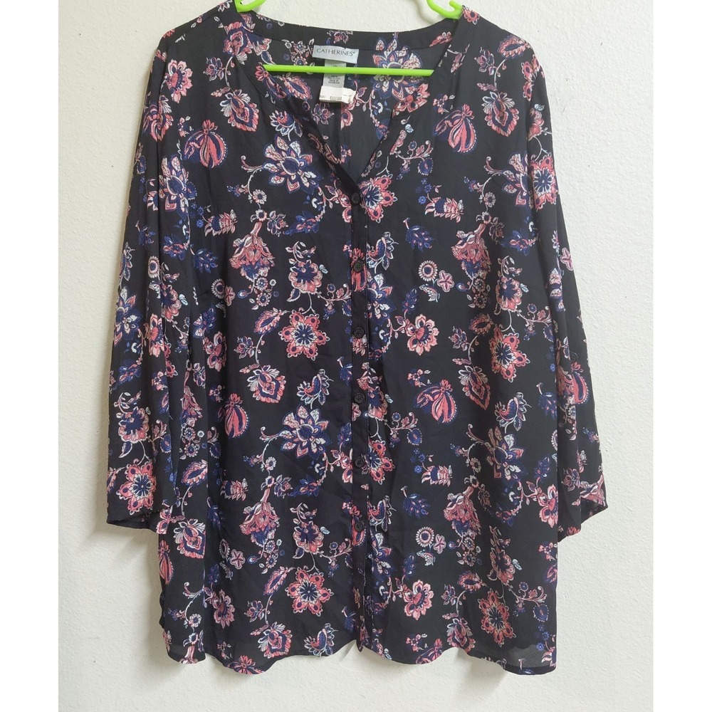 Catherines Women's 1X 18/20W Floral Button Front Tunic Blouse Black Pink Blue